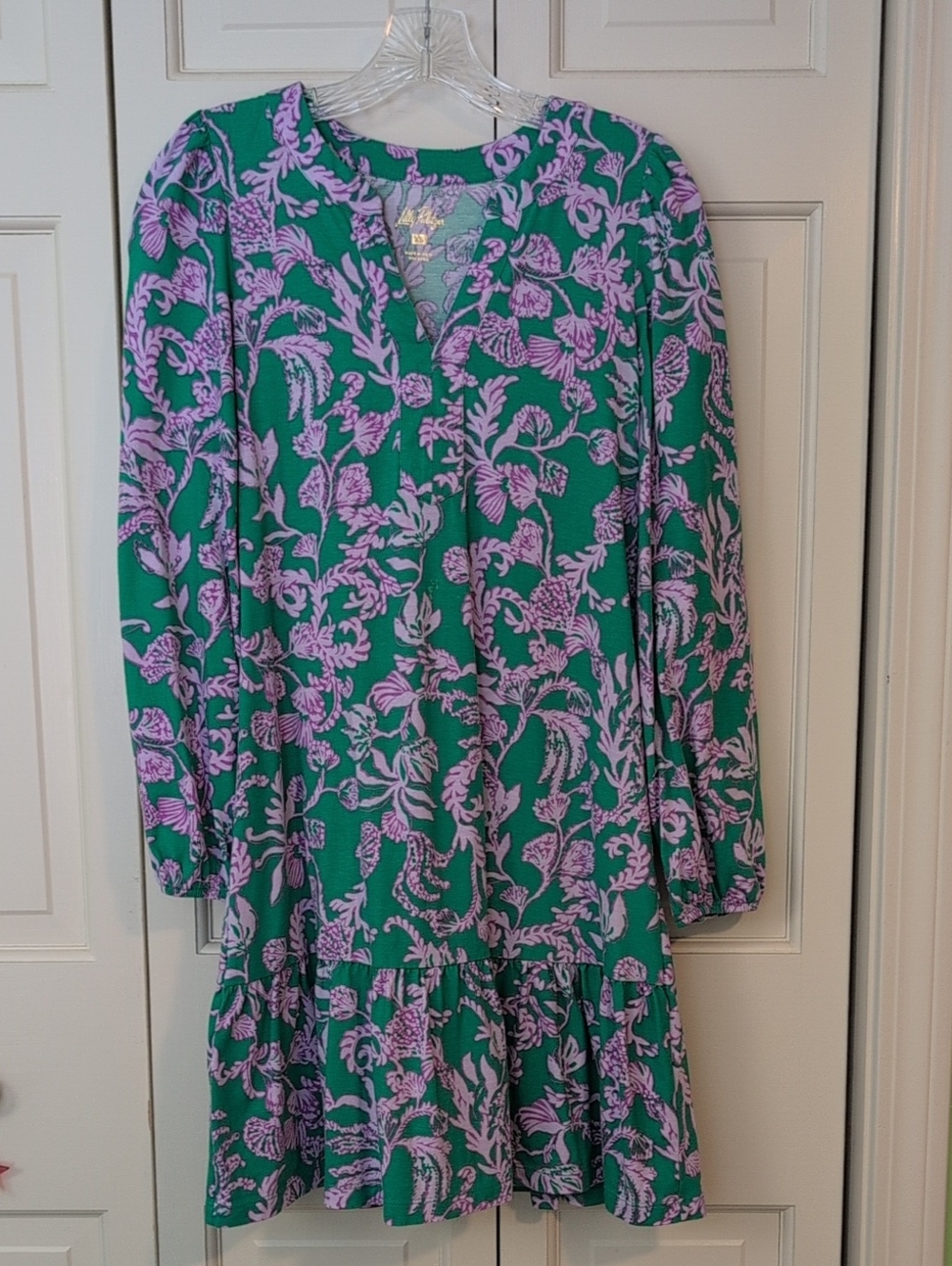 Lilly Pulitzer Floral Green and Lavender Tiered Long Sleeve V-Neck Dress